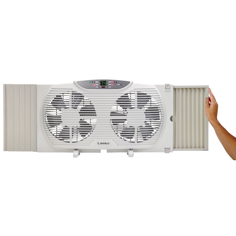 front panel of Lasko Electrically Reversible Twin Window Fan with Remote Control model W09550
